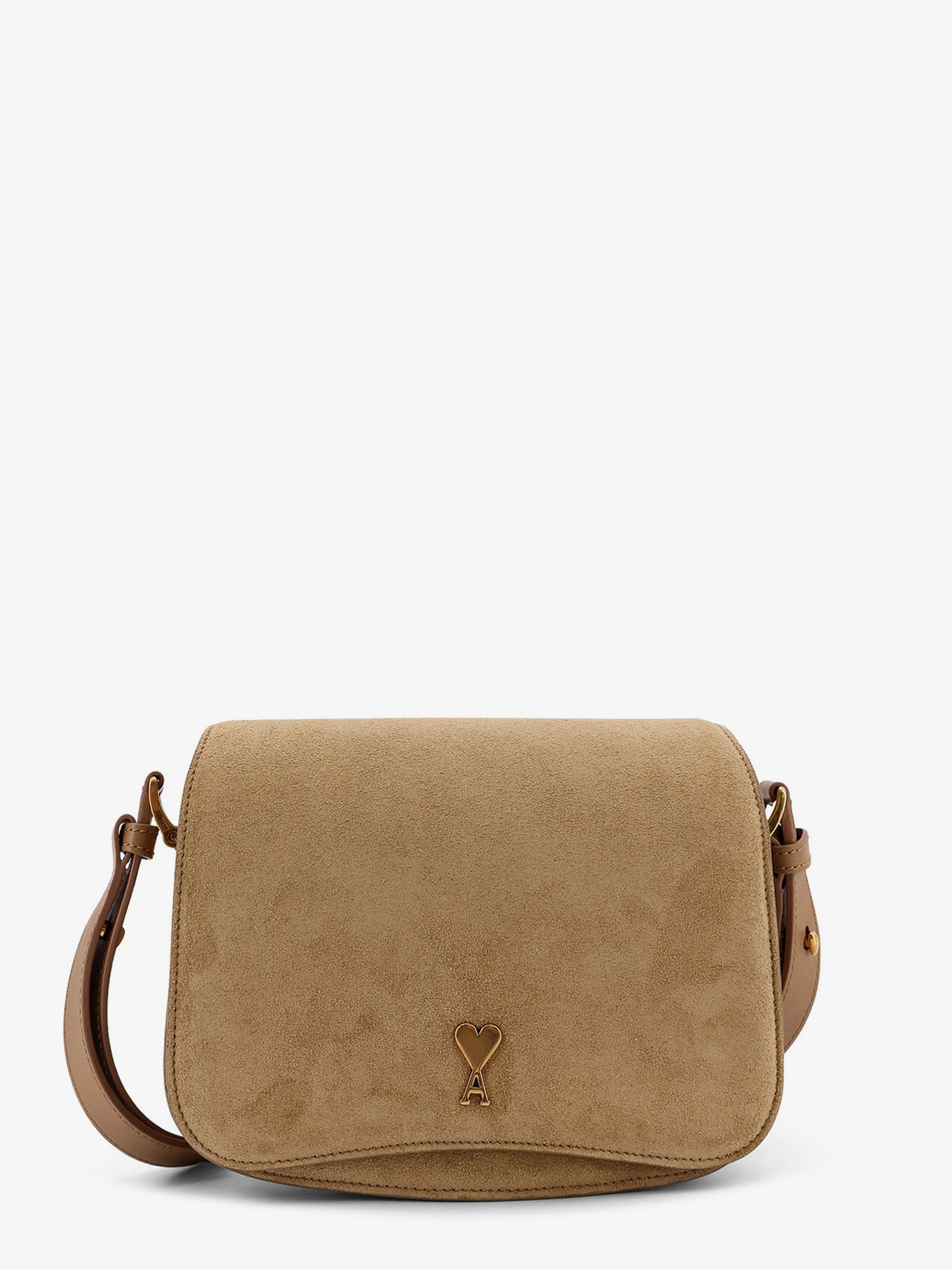 Suede shoulder bag with metal logo on the front