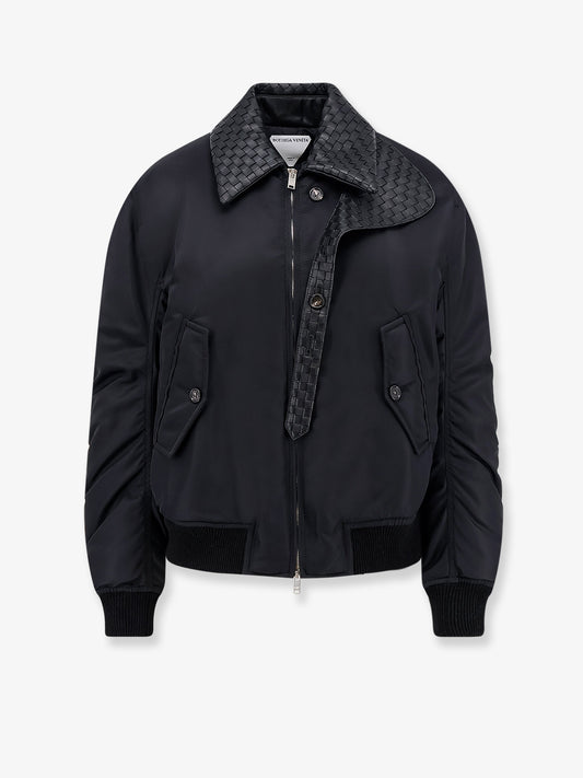 Nylon jacket with Intrecciato leather collar
