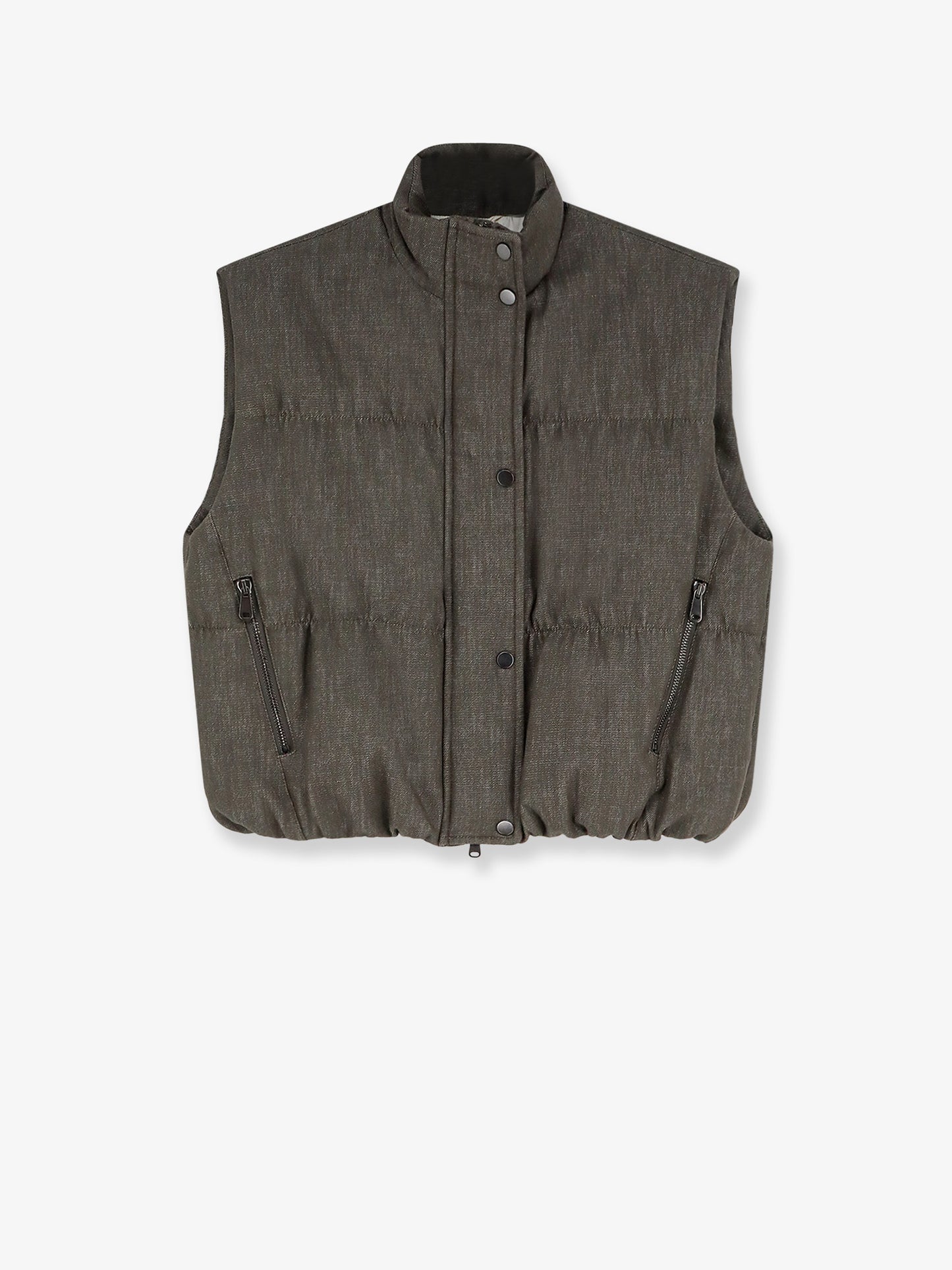 Sleeveless effect twill-denim down jacket