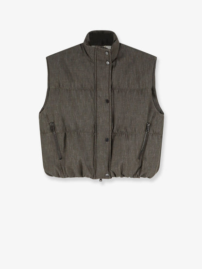 Sleeveless effect twill-denim down jacket thumbnail