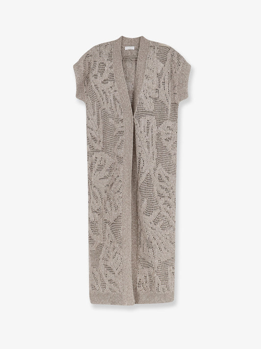 Linen and cotton blend long cardigan with all-over micro-sequin detail