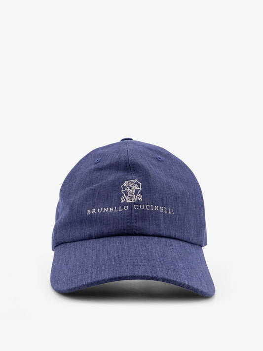 Denim hat with embroidered logo on the front