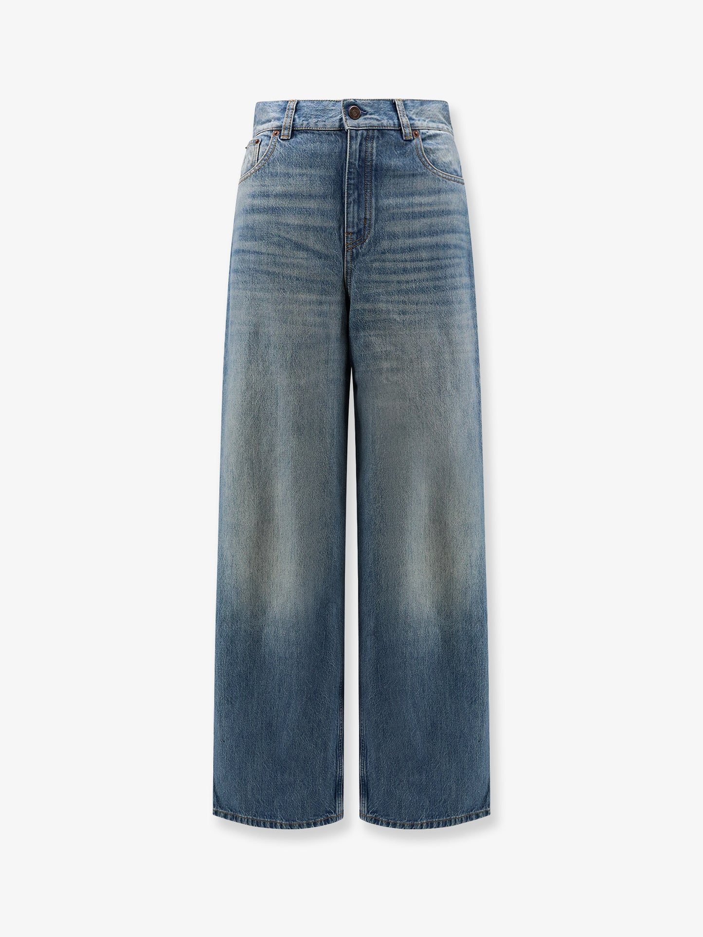 Blue denim jeans with logo label on the back