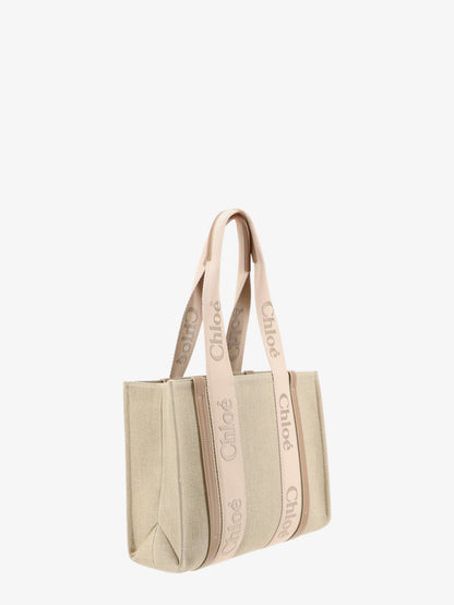 Borsa a spalla Woody in lino con logo ricamato frontale thumbnail