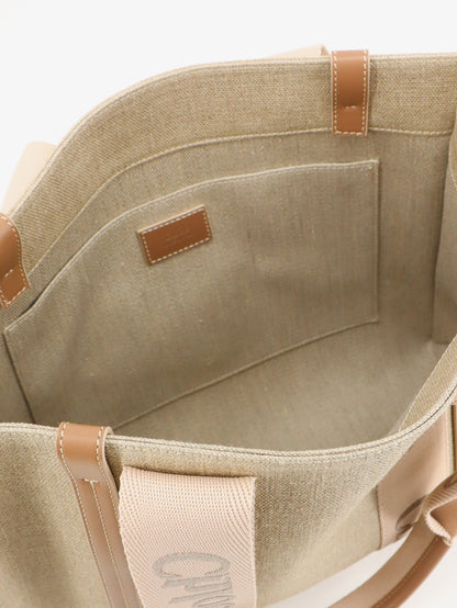 Borsa a spalla Woody in lino con logo ricamato frontale thumbnail