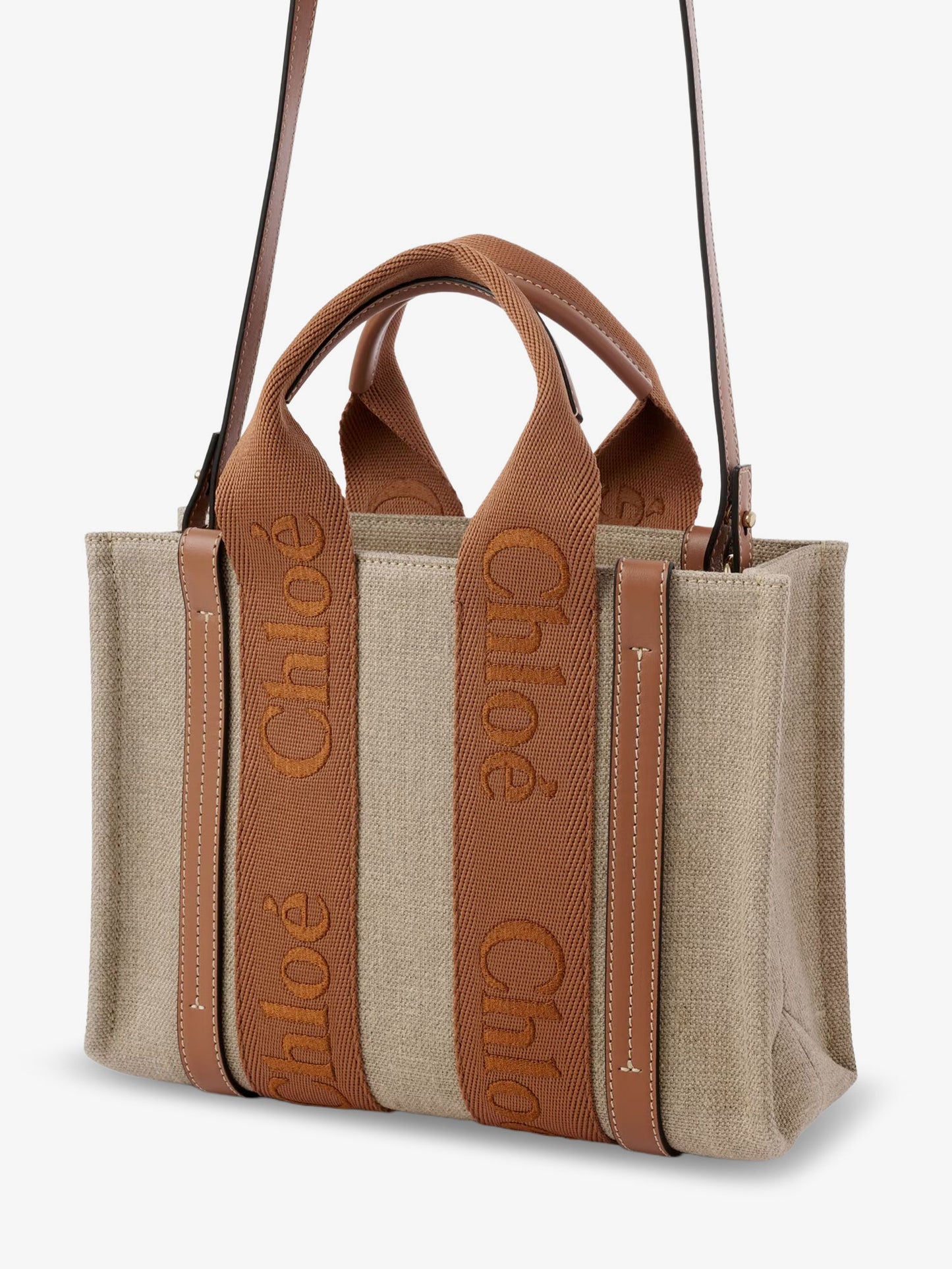 Woody linen and leather tote bag