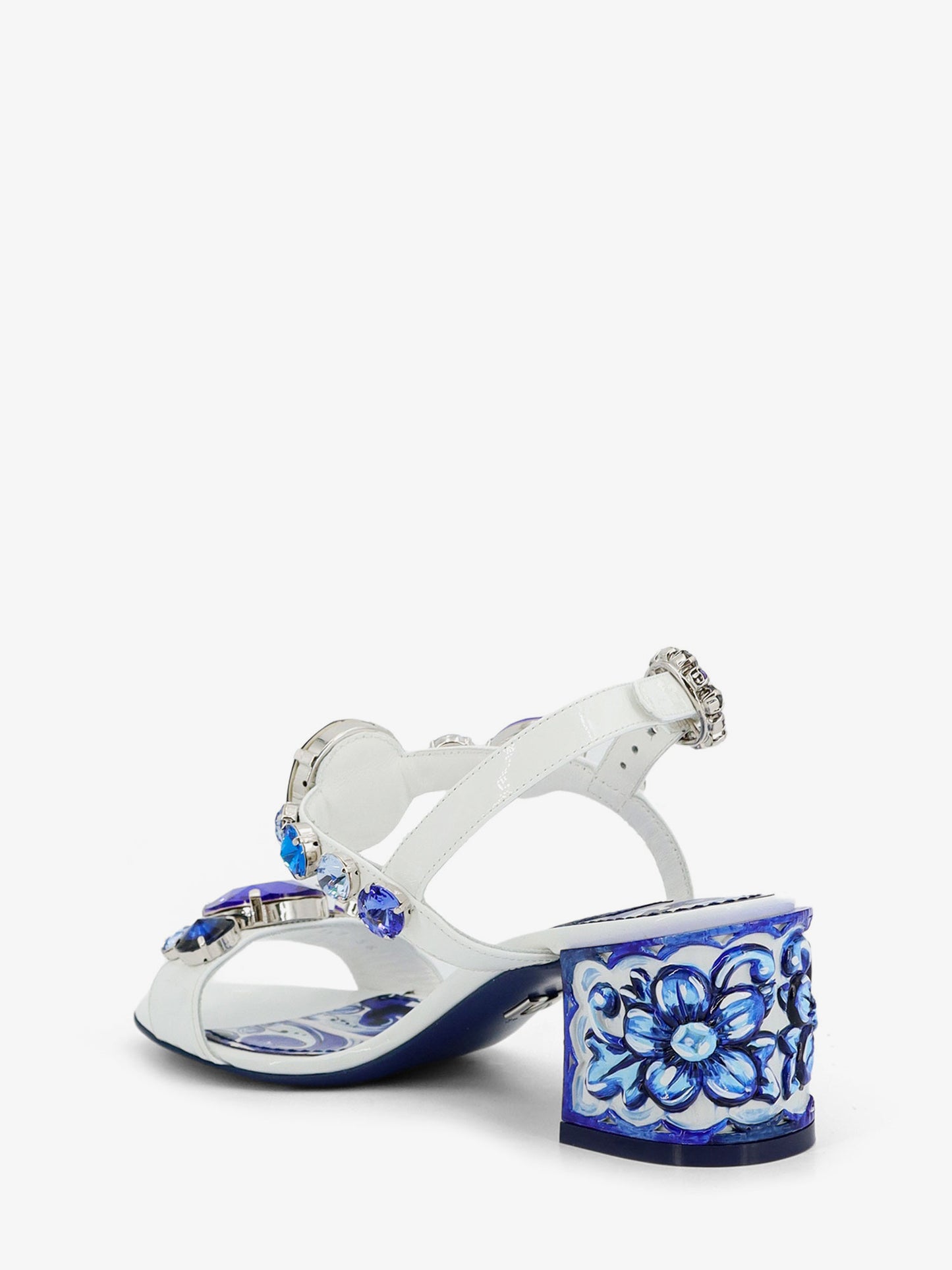 Patent leather sandals with Maiolica print
