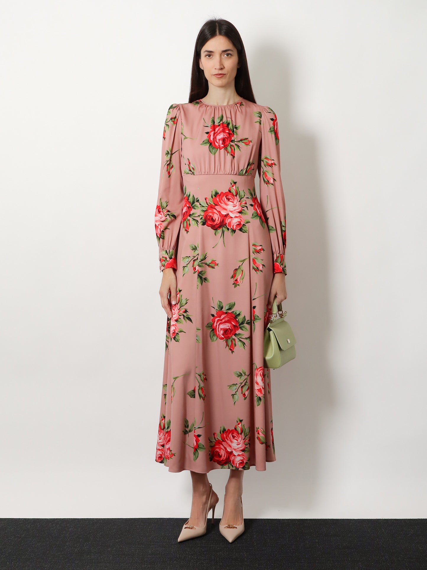 Long silk dress with Bouquet Rose print