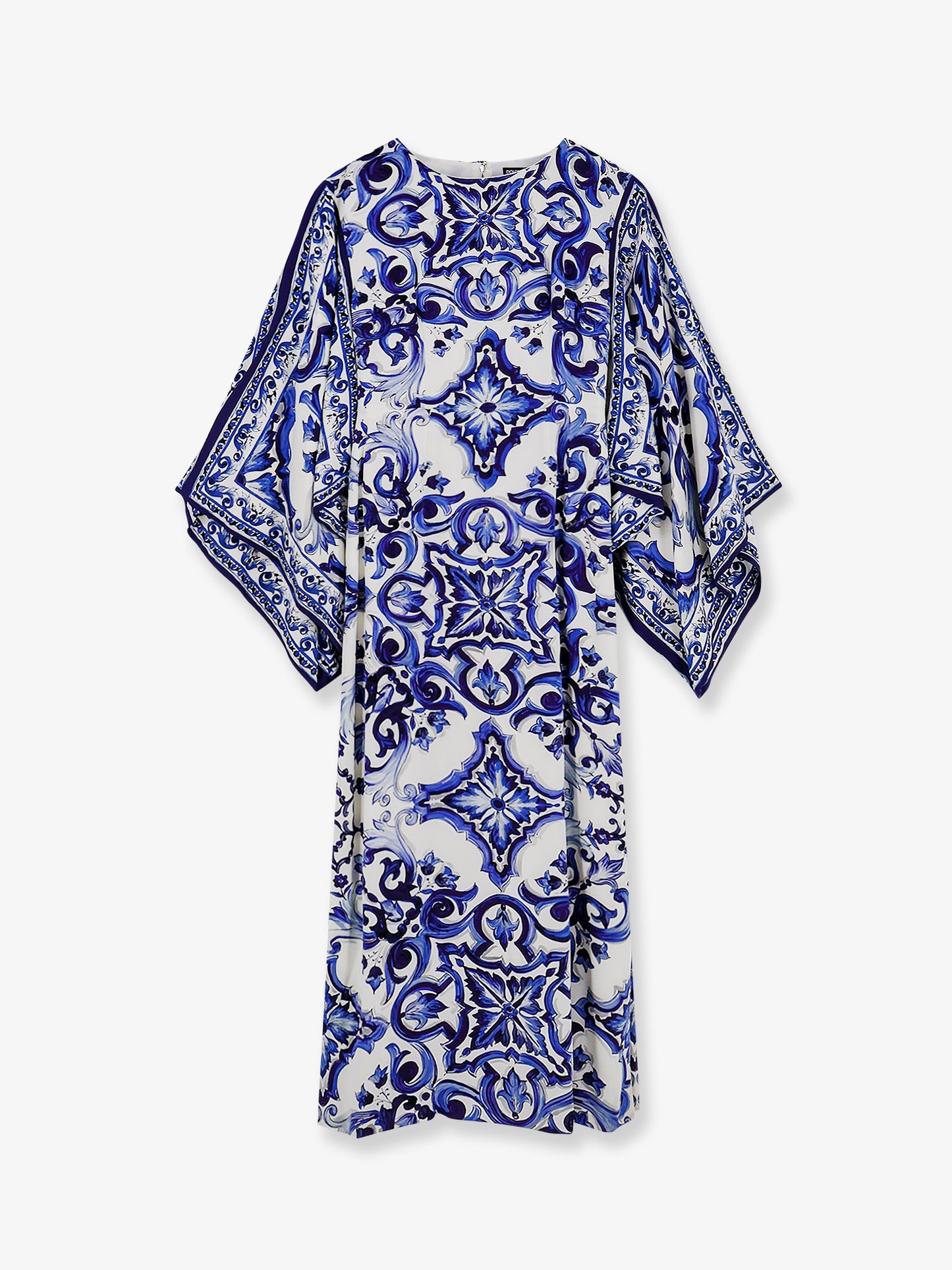 Stretch silk long dress with Maiolica print
