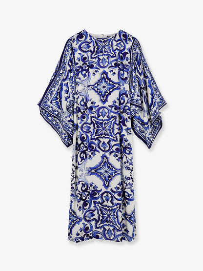 Stretch silk long dress with Maiolica print thumbnail