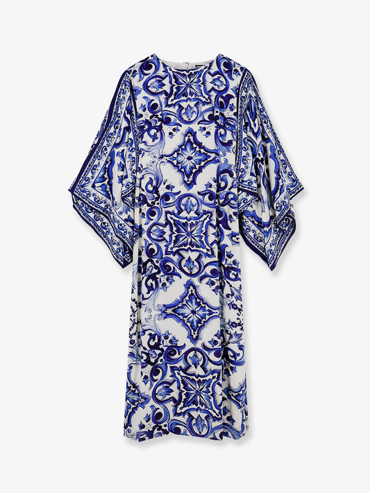 Stretch silk long dress with Maiolica print