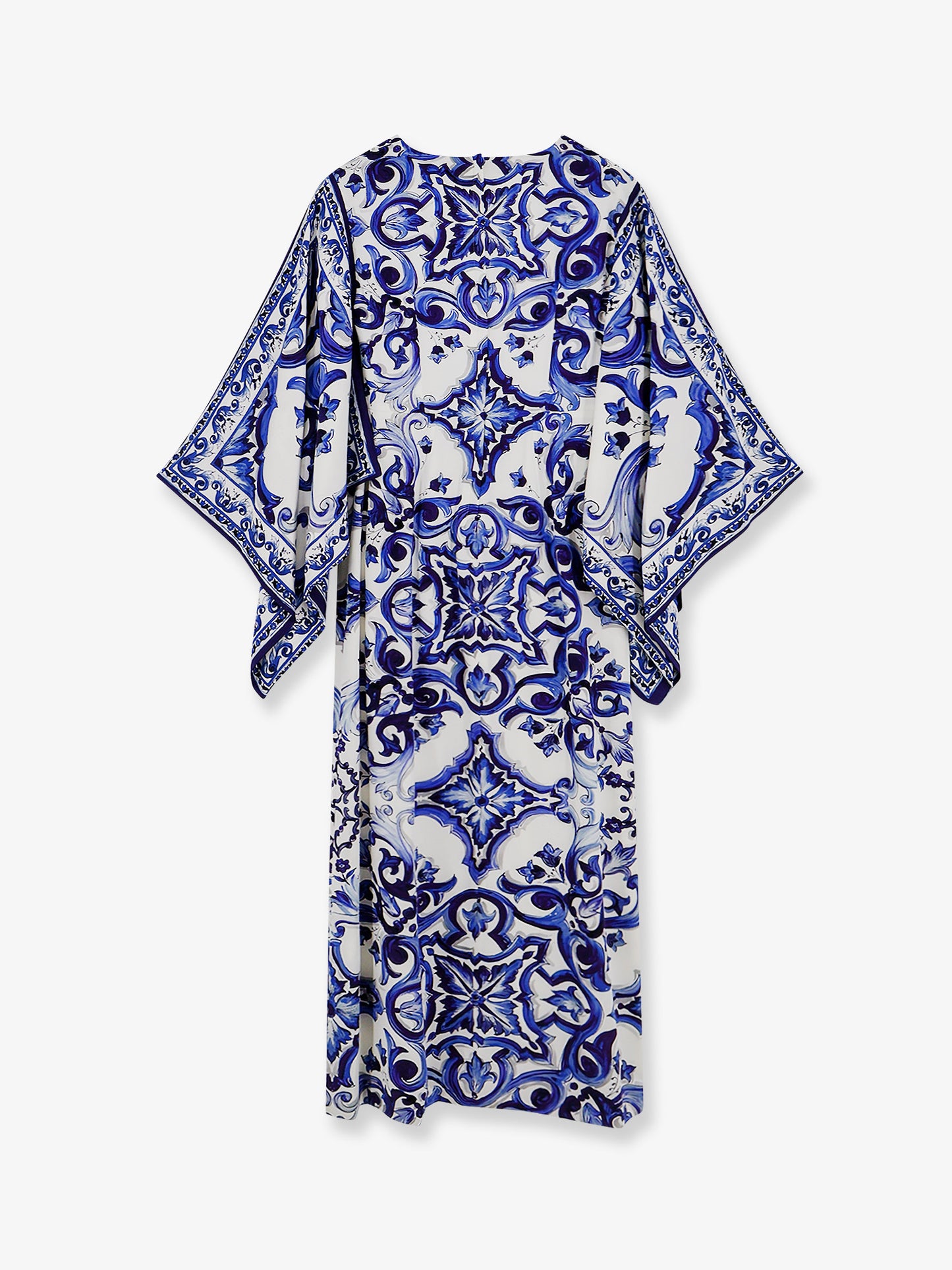 Stretch silk long dress with Maiolica print