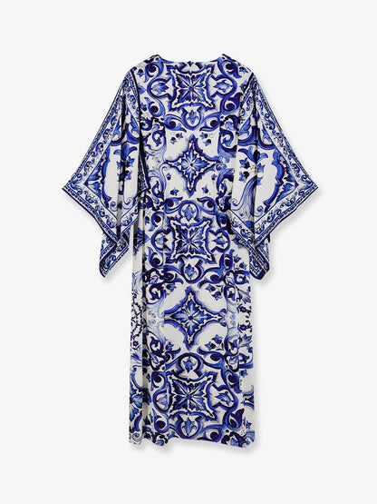 Stretch silk long dress with Maiolica print thumbnail