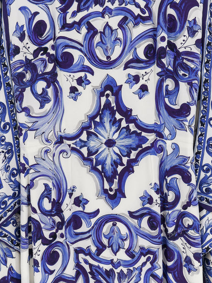 Stretch silk long dress with Maiolica print thumbnail