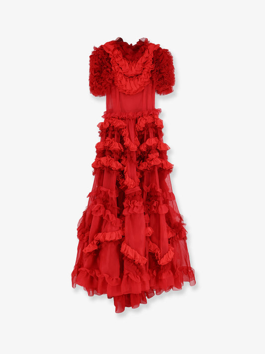 Long dress with flounces and rouches
