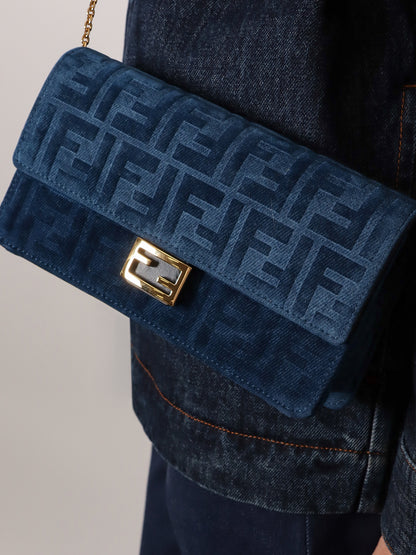 Wallet On Chain Baguette shoulder bag in denim-effect FF corduroy thumbnail