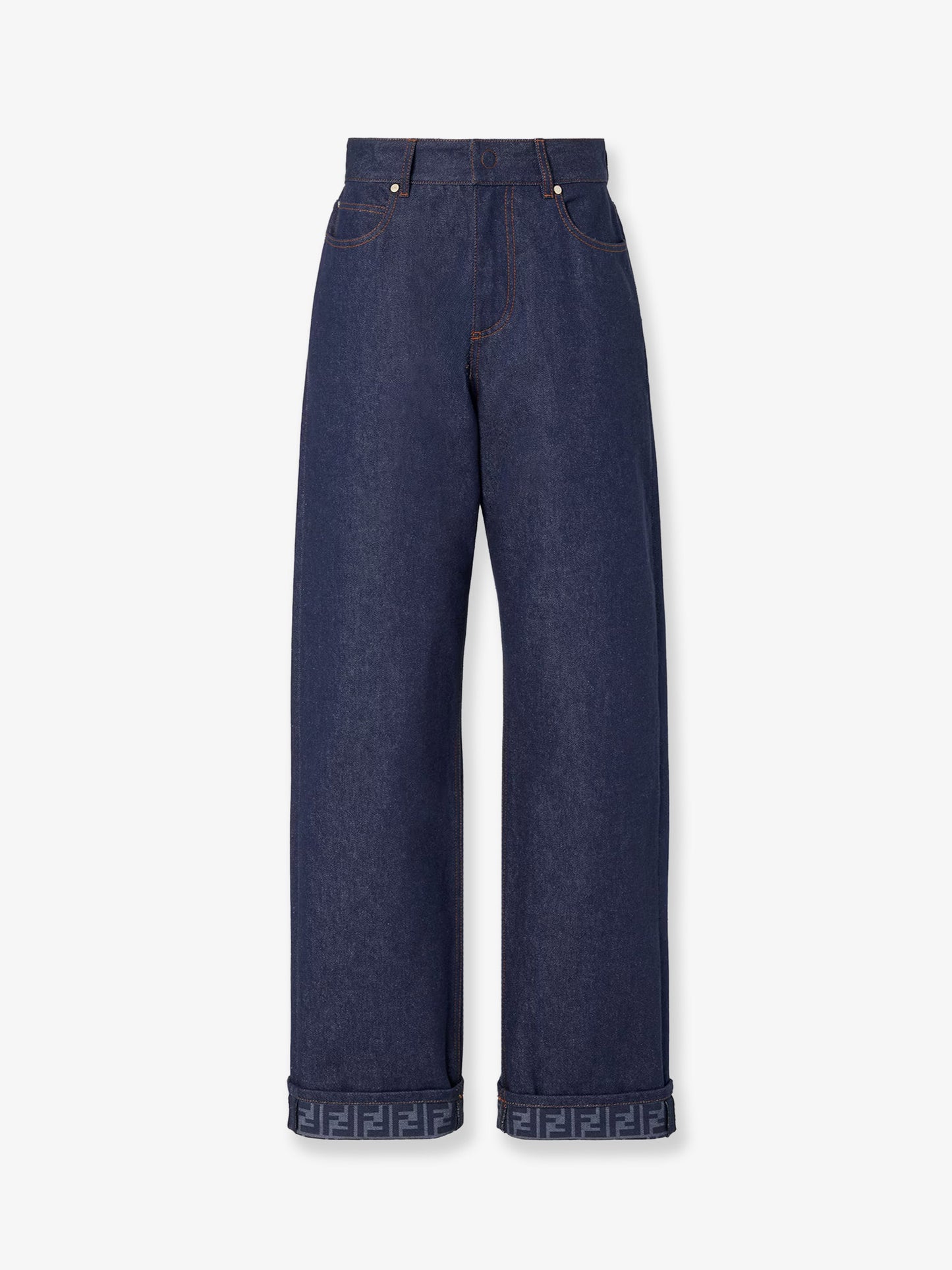 Blue denim jeans with FF detail on the bottom