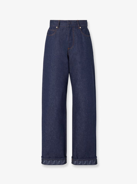 Blue denim jeans with FF detail on the bottom