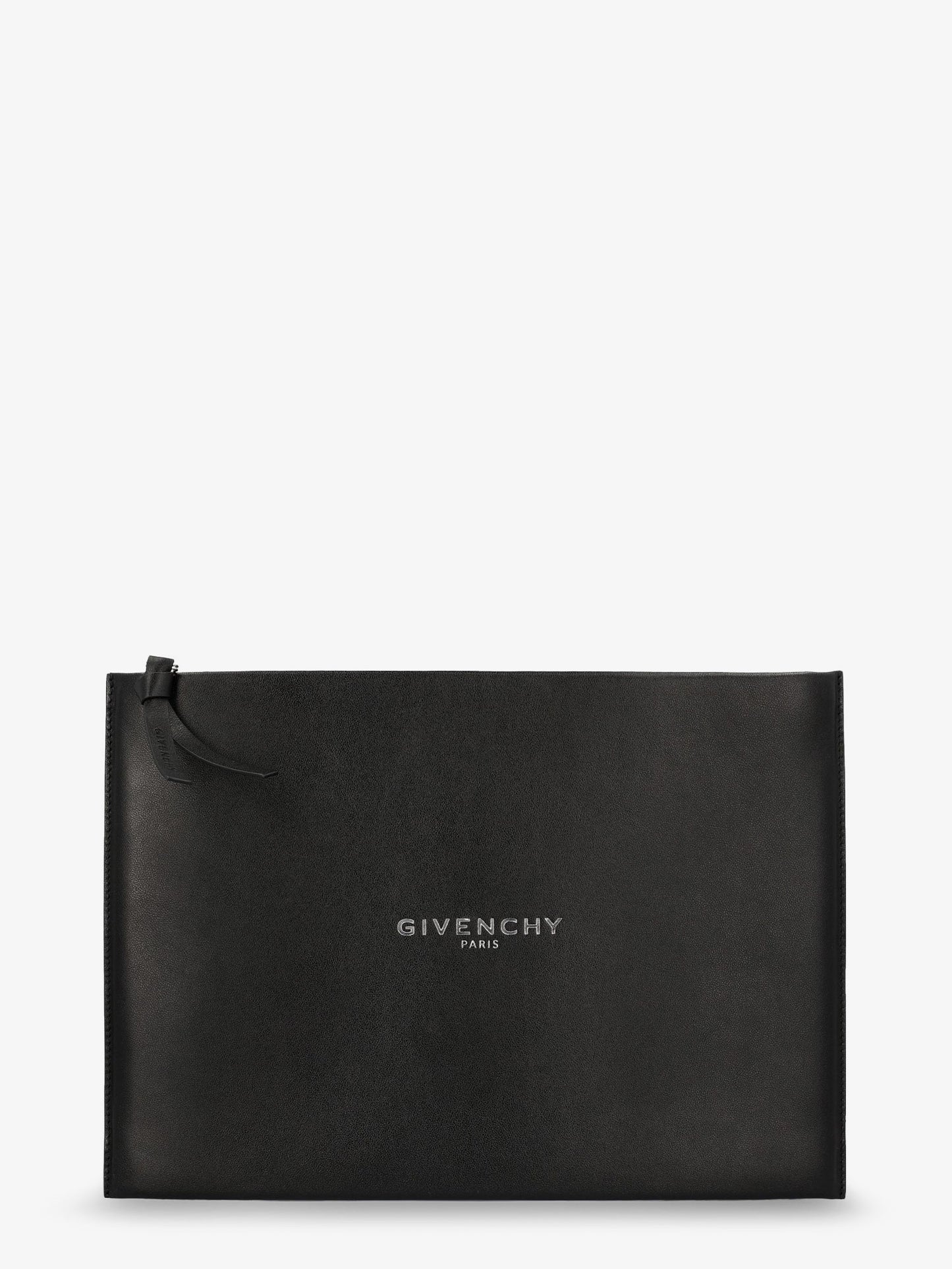 Leather clutch bag with lettering logo on the front
