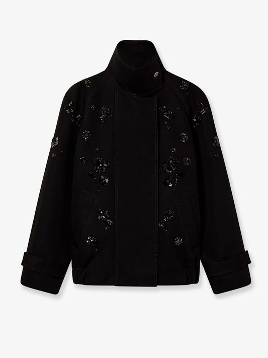 Black denim jacket with floral details in sequins and crystals