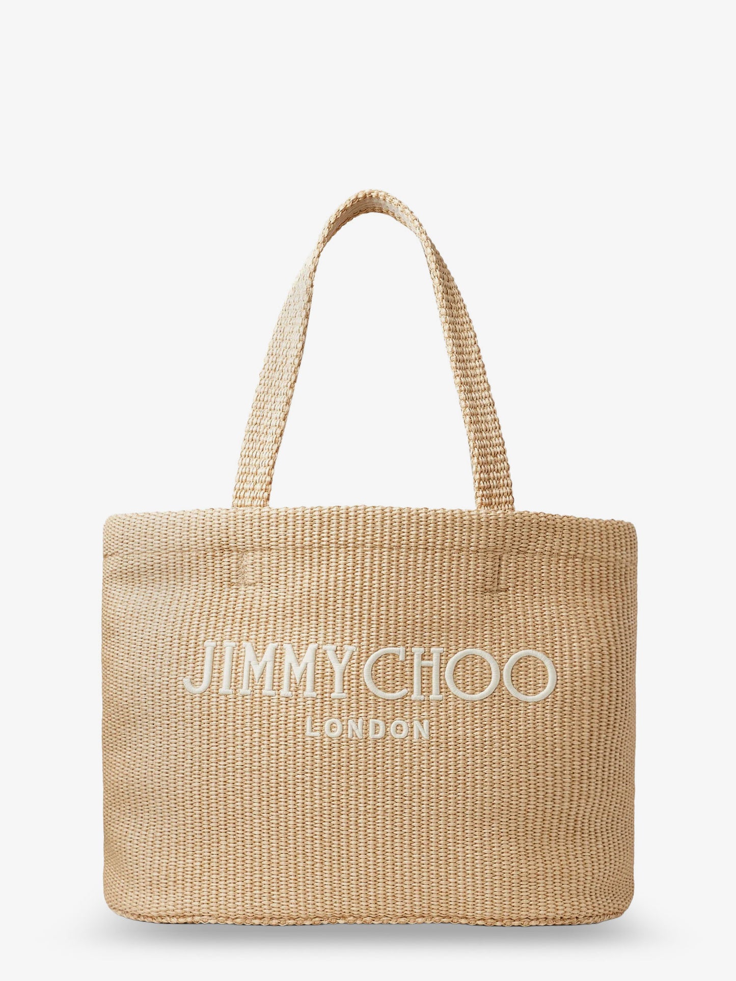 Raffia shopping bag with lettering logo on the front