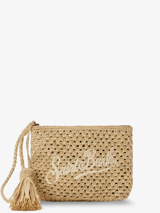 Woven raffia clutch bag with embroidered logo