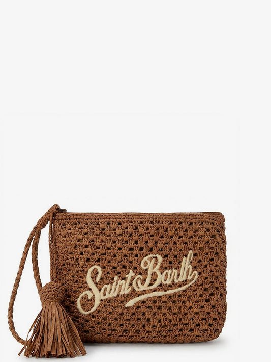 Woven raffia clutch with embroidered logo