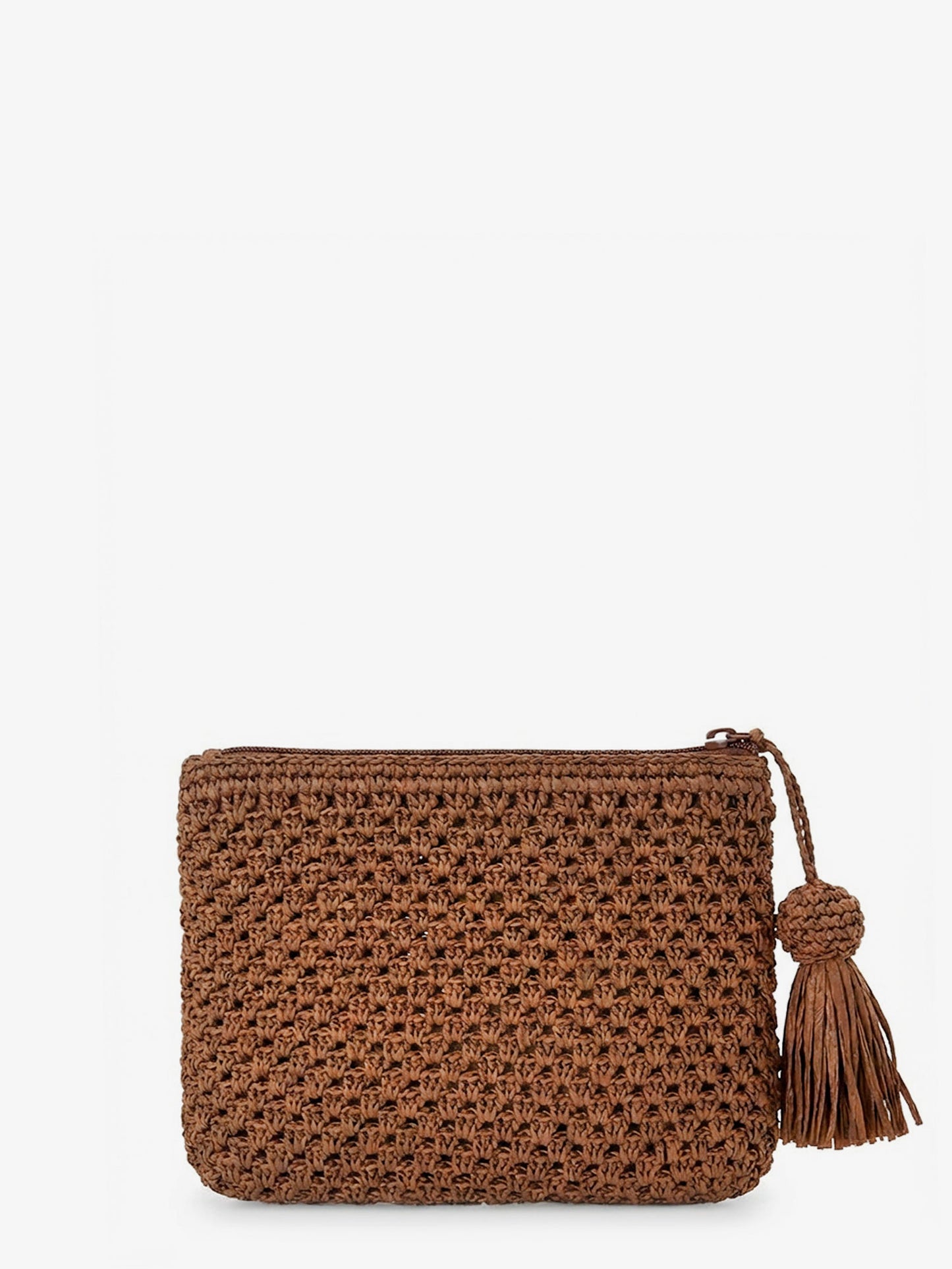 Woven raffia clutch with embroidered logo