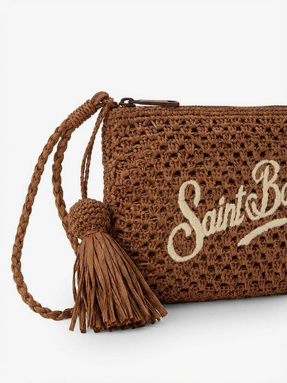 Woven raffia clutch with embroidered logo thumbnail