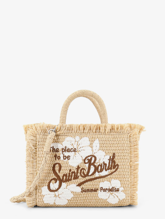Vanity shoulder bag in raffia with embroidered logo on the front