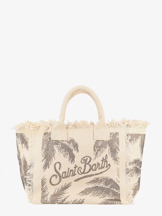 Vanity canvas shoulder bag with rhinestone detail