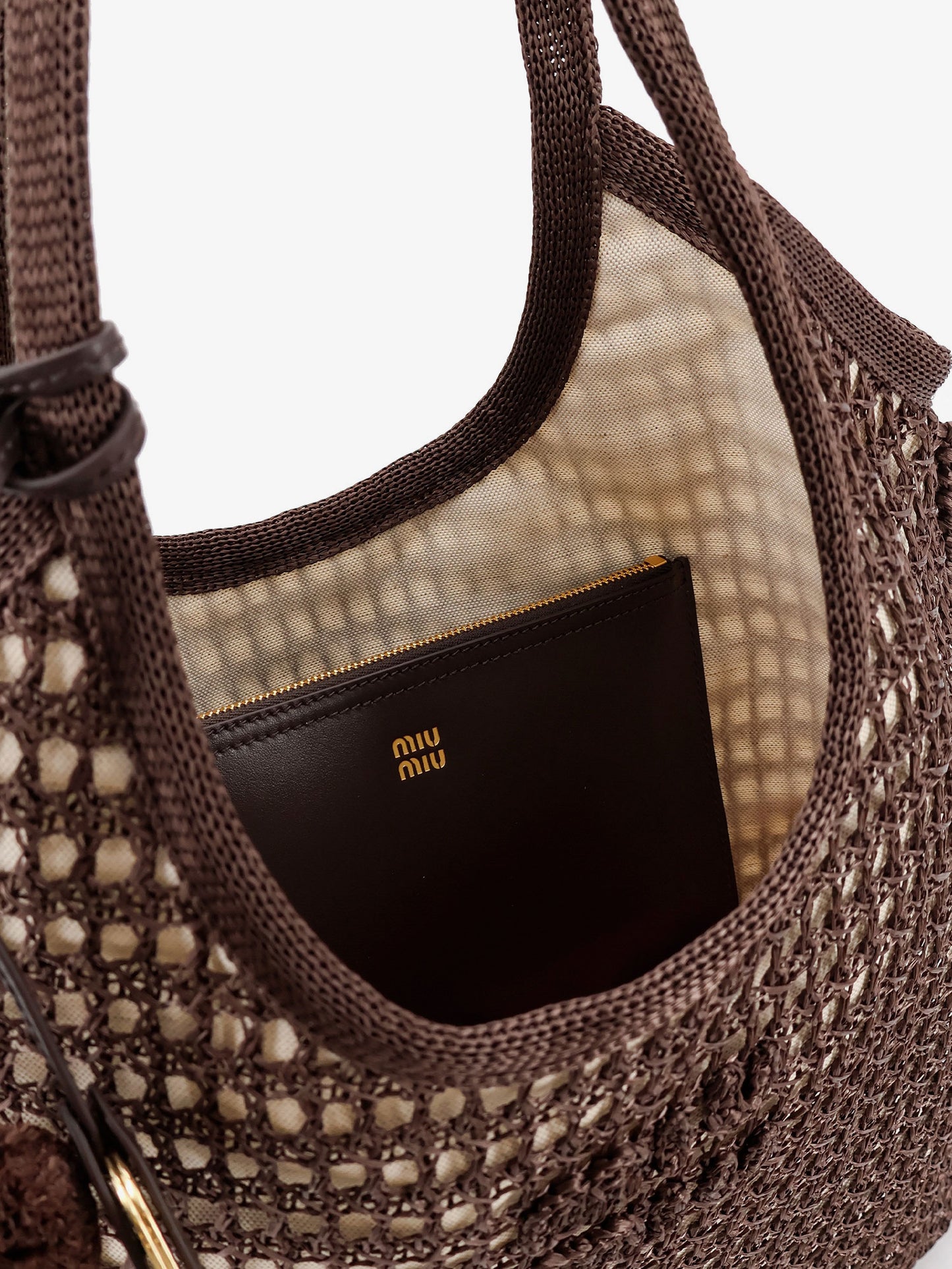 Crochet mesh shopping bag with tone-on-tone logo on the front