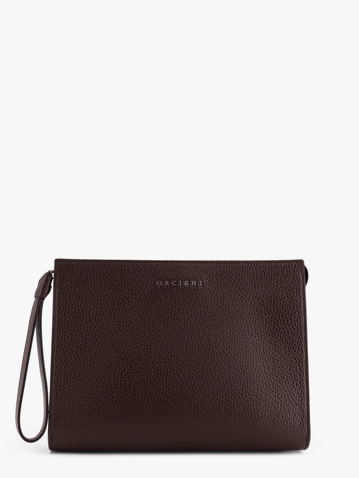 Hammered leather clutch with logo on the front