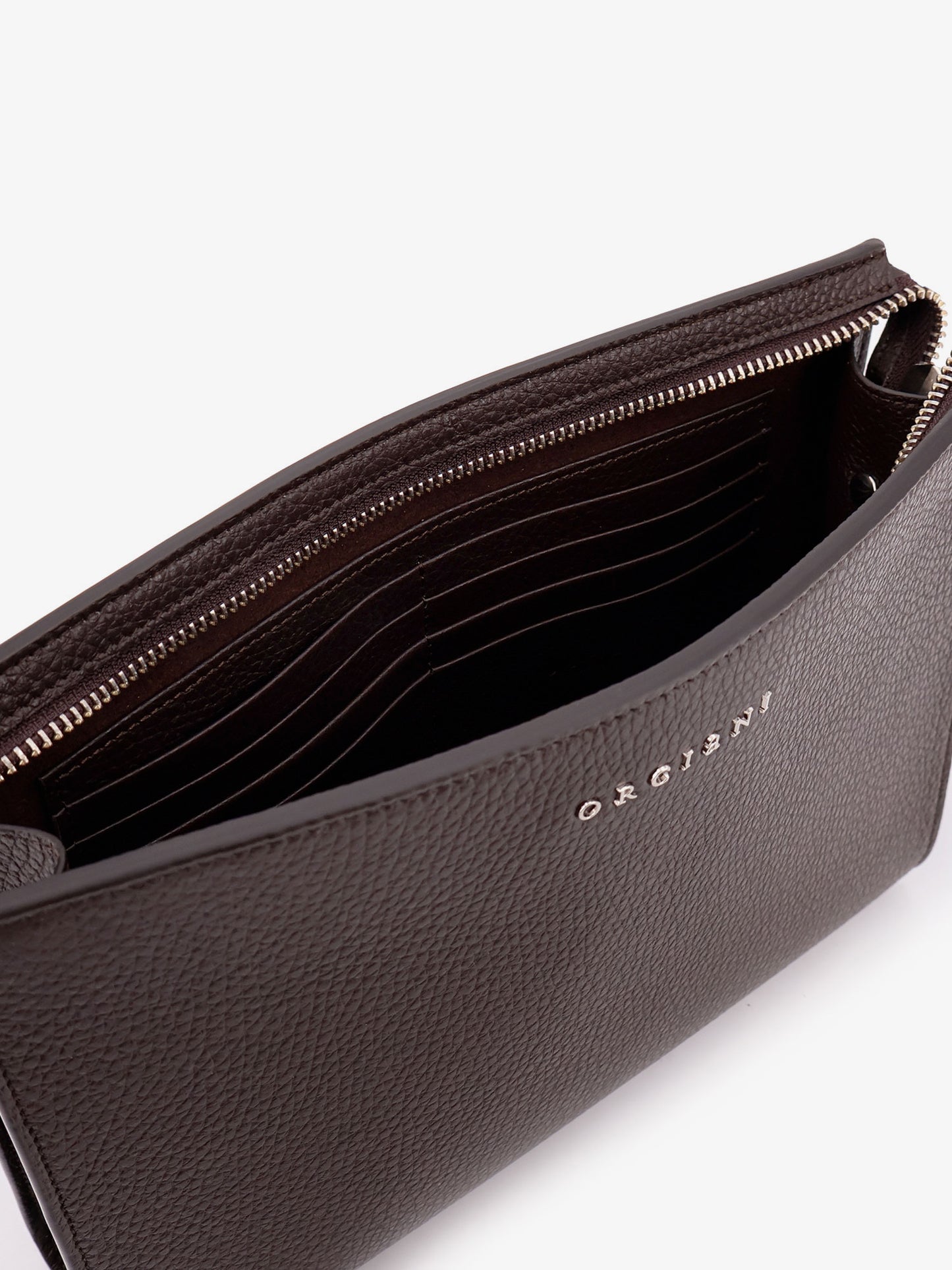 Hammered leather clutch with logo on the front