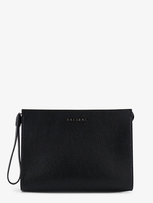 Hammered leather clutch with logo on the front