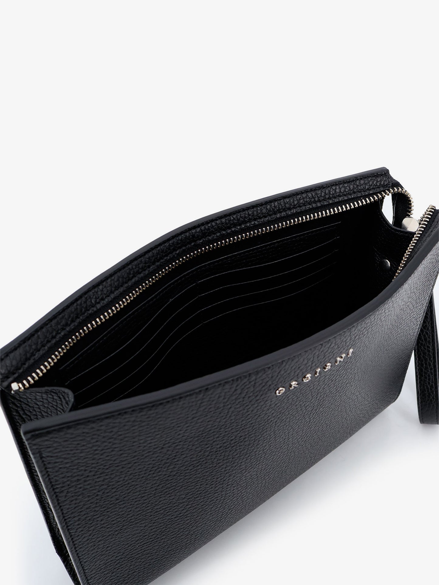 Hammered leather clutch with logo on the front