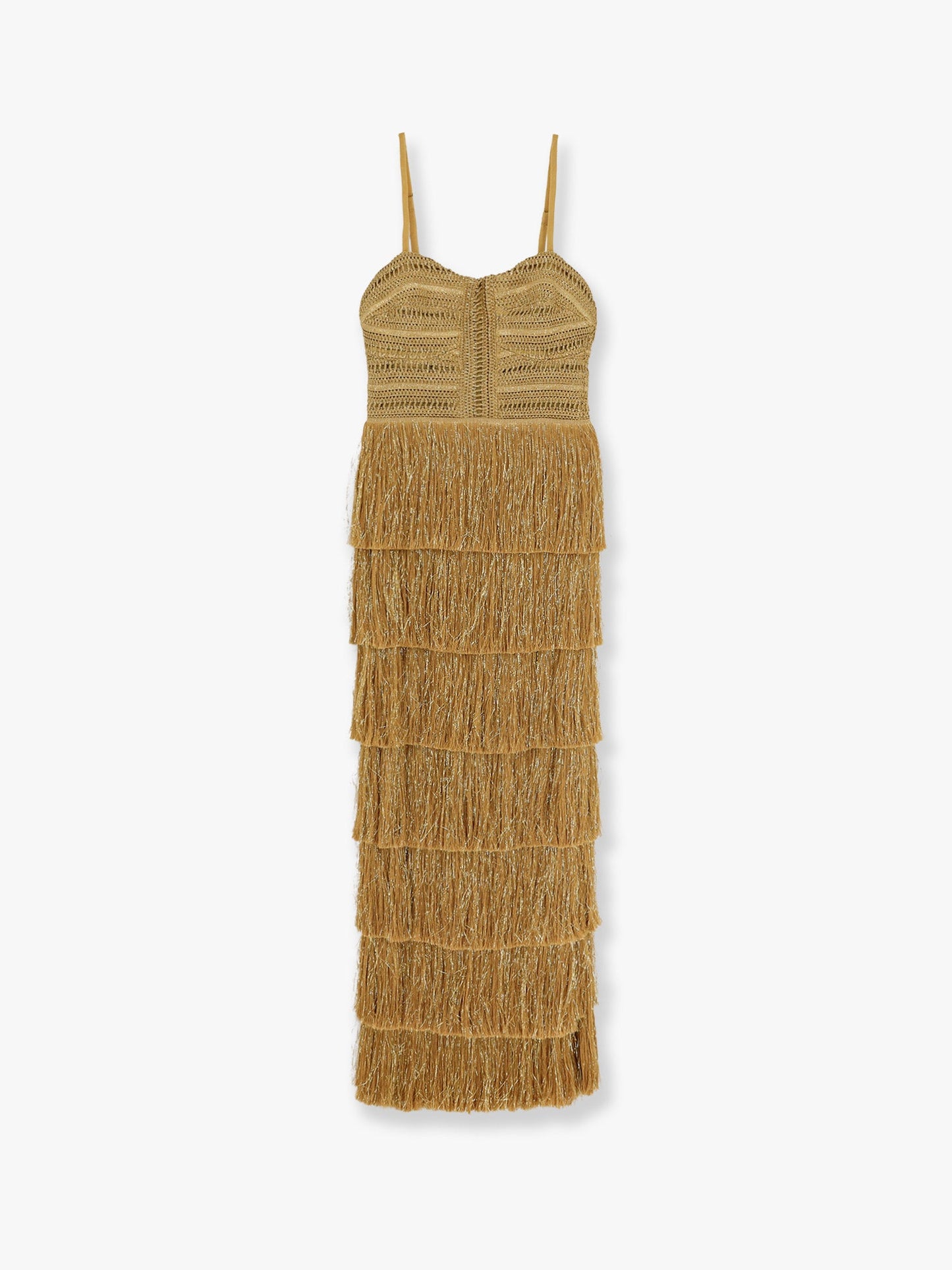 Long dress with embroidered courset and fringes