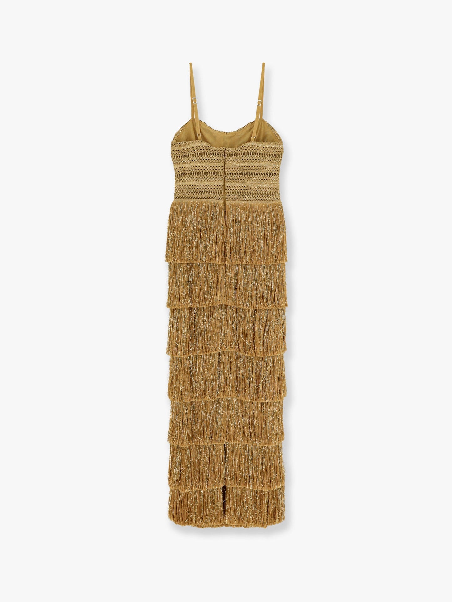 Long dress with embroidered courset and fringes