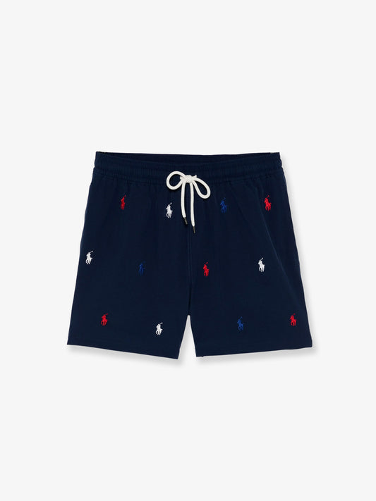 Nylon swim trunks with all-over embroidered logo
