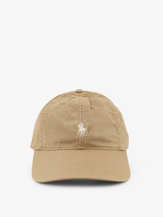 Linen hat with embroidered logo on the front