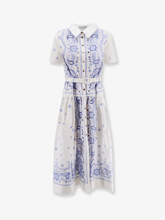 Long cotton dress with all-over contrasting embroidery