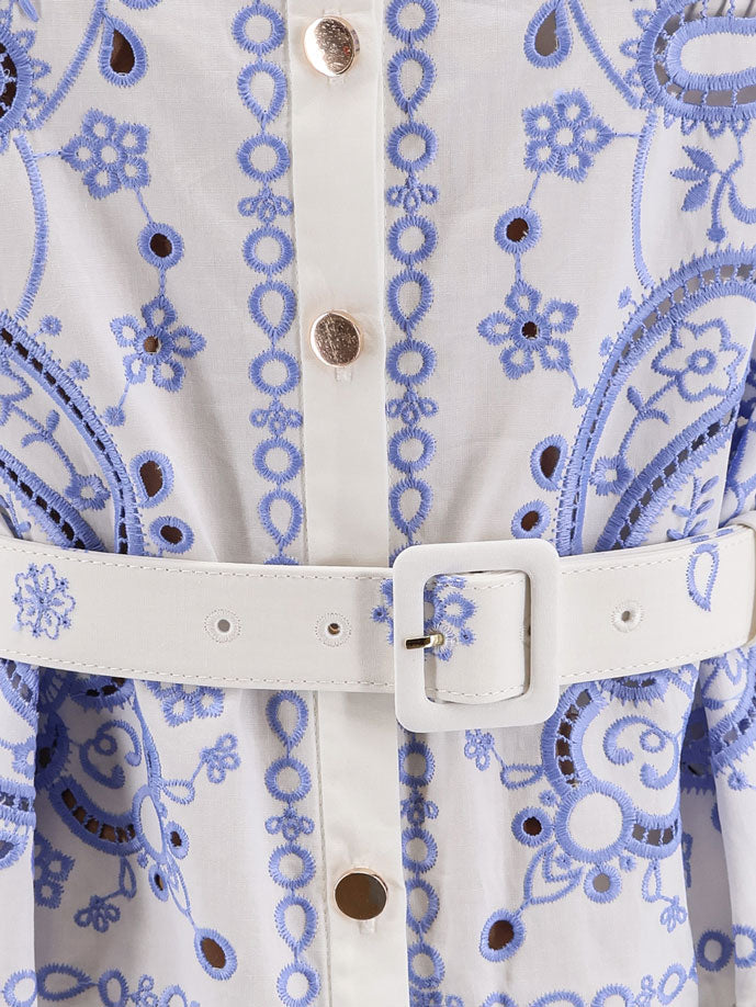 Long cotton dress with all-over contrasting embroidery
