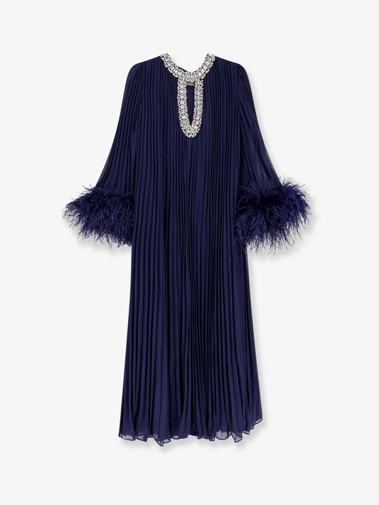 Chiffon long dress with ostrich feathers