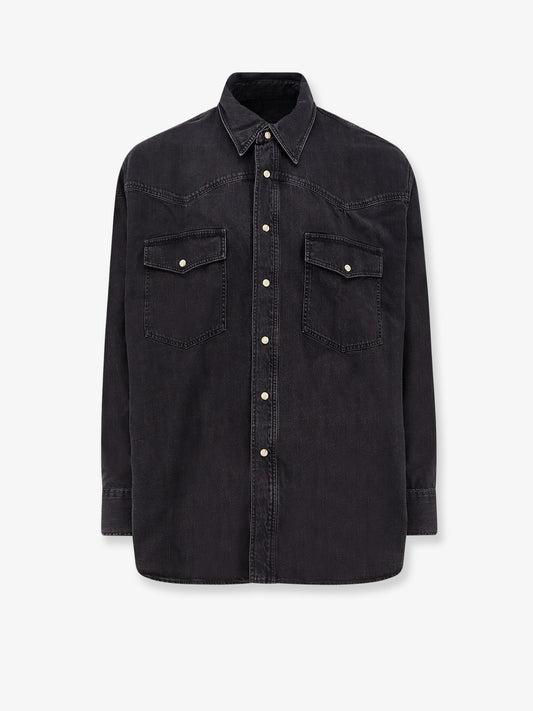 Black denim shirt with enamelled buttons