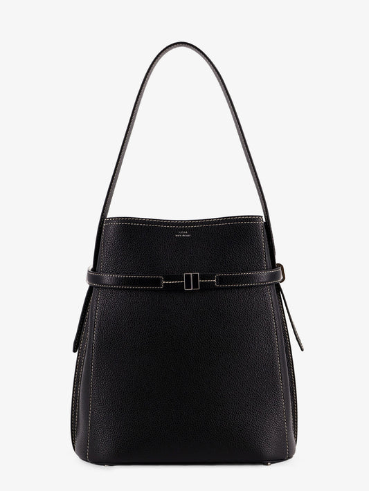 Hammered leather bucket bag with strap on the front
