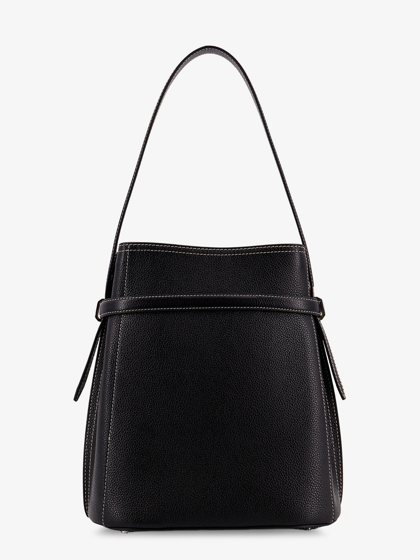 Hammered leather bucket bag with strap on the front