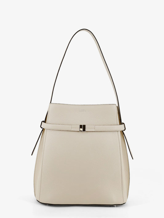 Hammered leather bucket bag with strap on the front