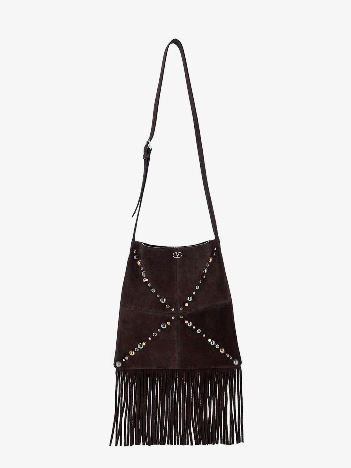 Suede shoulder bag with fringes and metal details