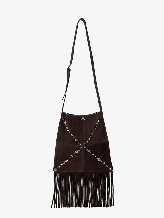 Suede shoulder bag with fringes and metal details