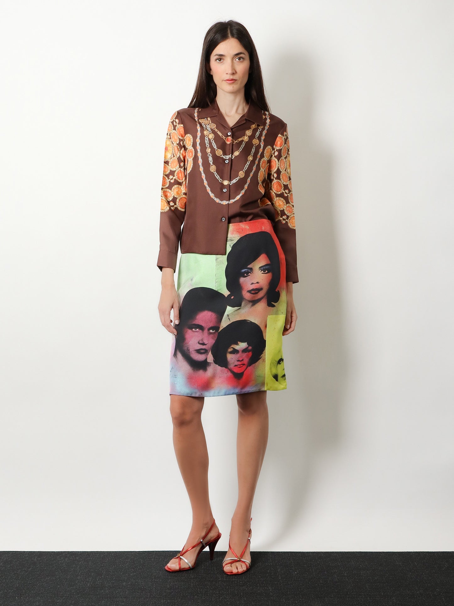 Printed silk twill midi skirt